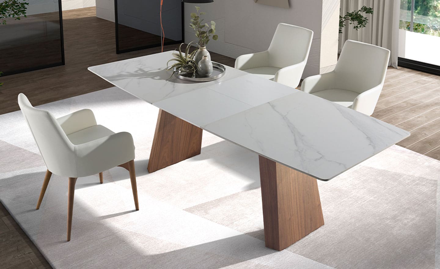 Mesa de jantar oval extensível 1134 com tampo em mármore porcelânico branco e pernas em madeira de nogueira | Moveistore