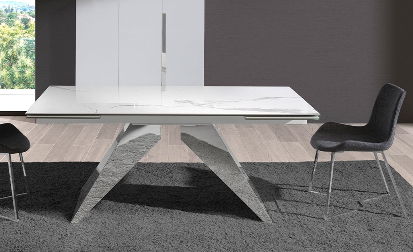 Mesa de jantar extensível retangular 1116 com tampo em mármore branco e pernas em aço inoxidável cromado | Moveistore