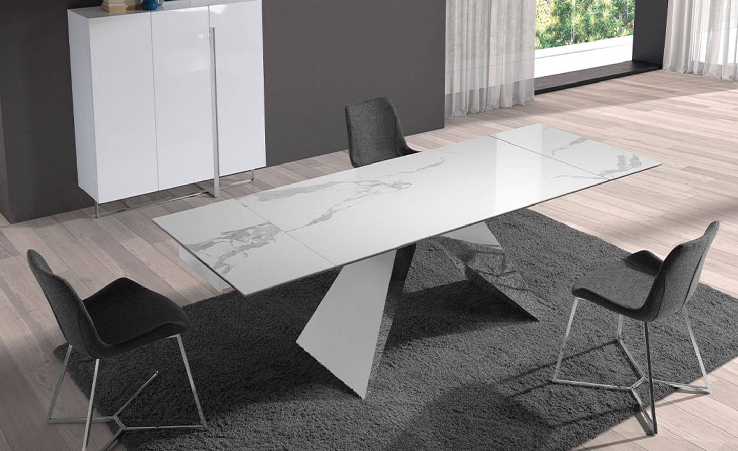 Mesa de jantar extensível retangular 1116 com tampo em mármore branco e pernas em aço inoxidável cromado | Moveistore