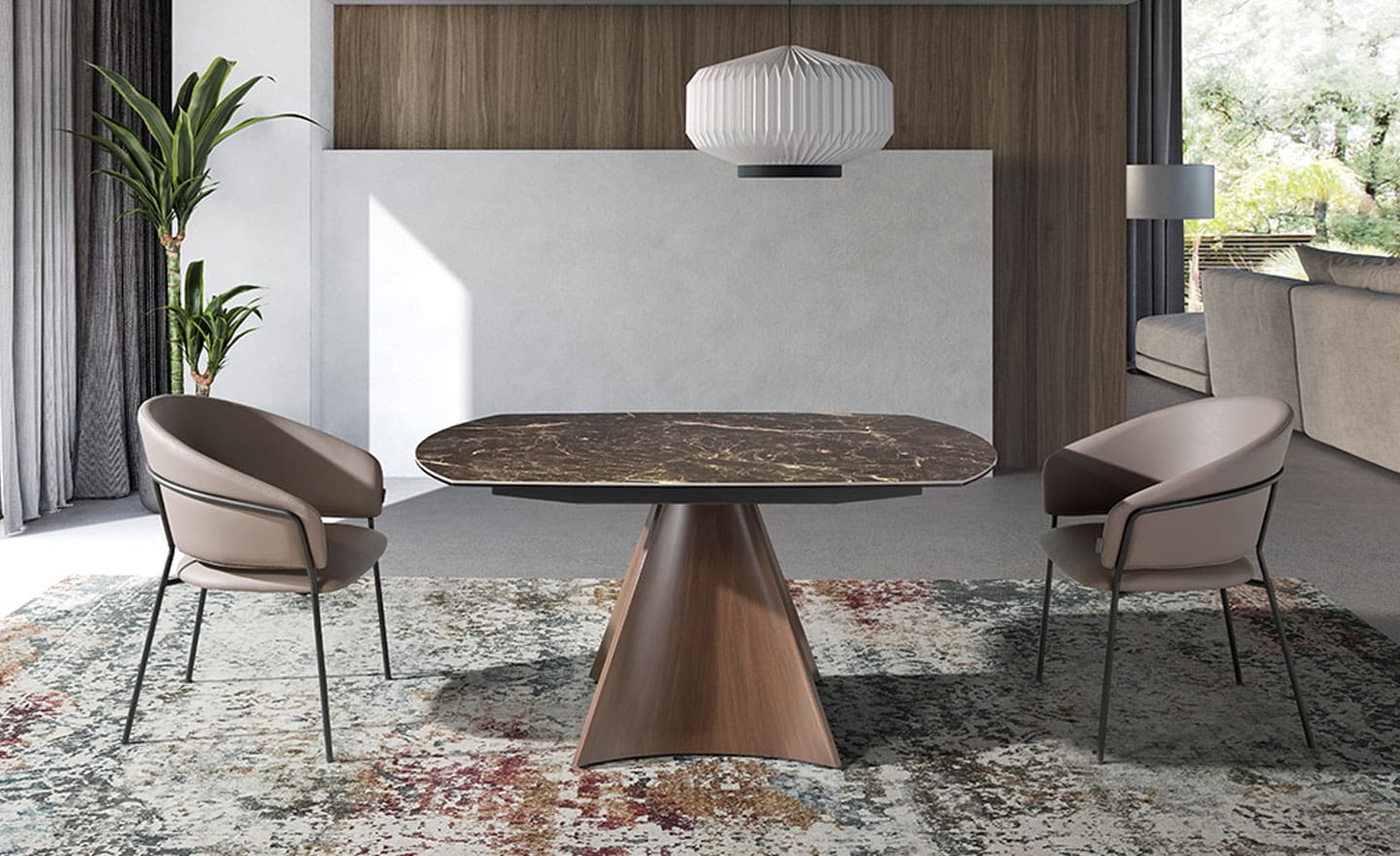 Mesa de jantar oval 1113 com tampo em mármore porcelânico e pés em aço inoxidável | Moveistore