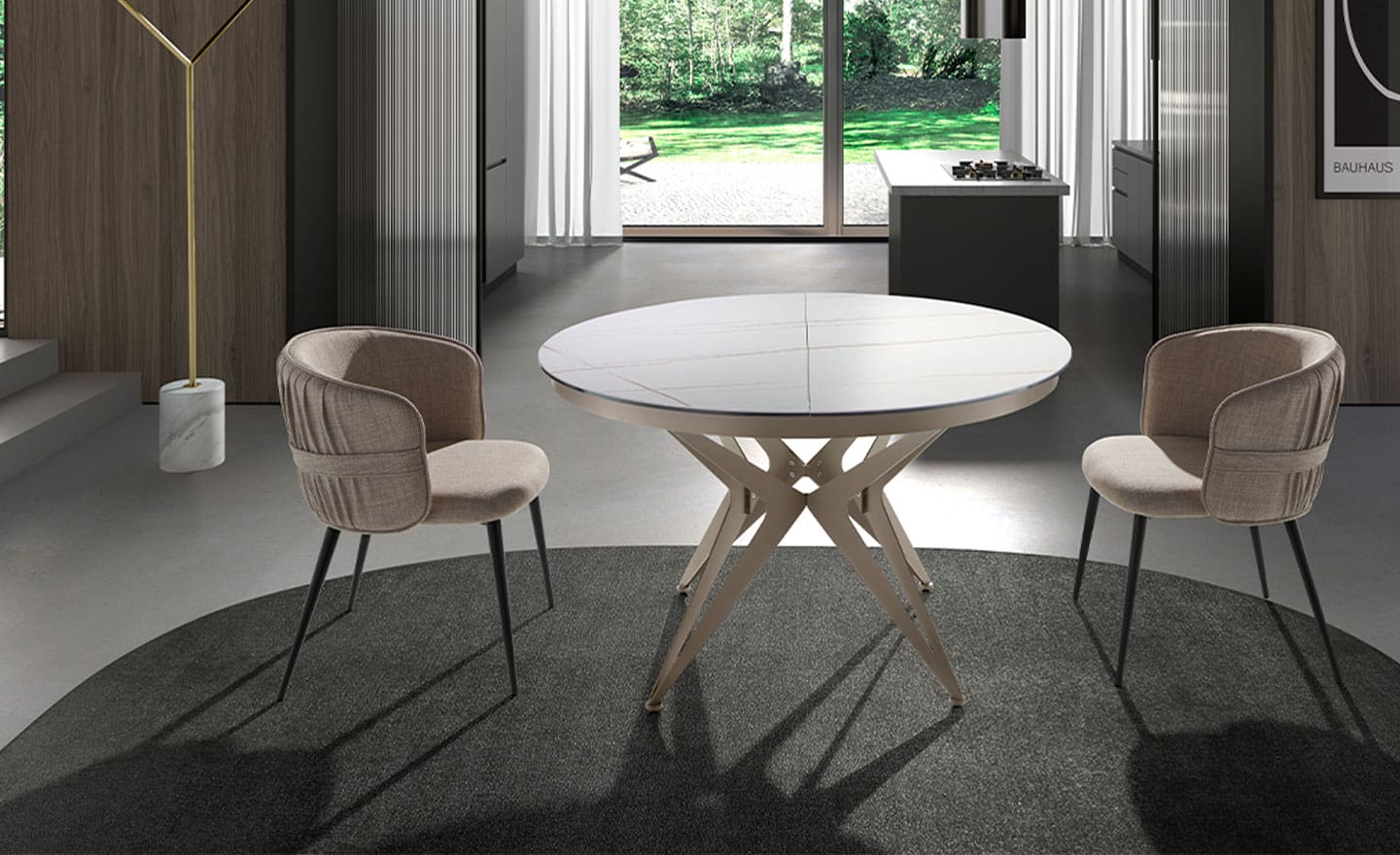 Mesa de jantar redonda extensível 1119 com tampo em mármore porcelânico branco e pernas em aço inoxidável champanhe | Moveistore