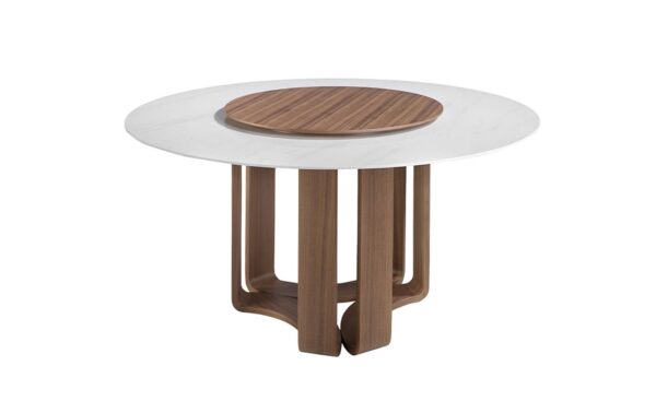 Mesa de jantar redonda 1137 com tampo em mármore porcelânico e pernas em madeira de nogueira | Moveistore
