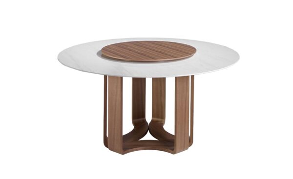 Mesa de jantar redonda 1137 com tampo em mármore porcelânico e pernas em madeira de nogueira | Moveistore