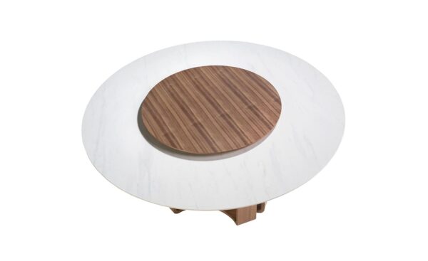 Mesa de jantar redonda 1137 com tampo em mármore porcelânico e pernas em madeira de nogueira | Moveistore