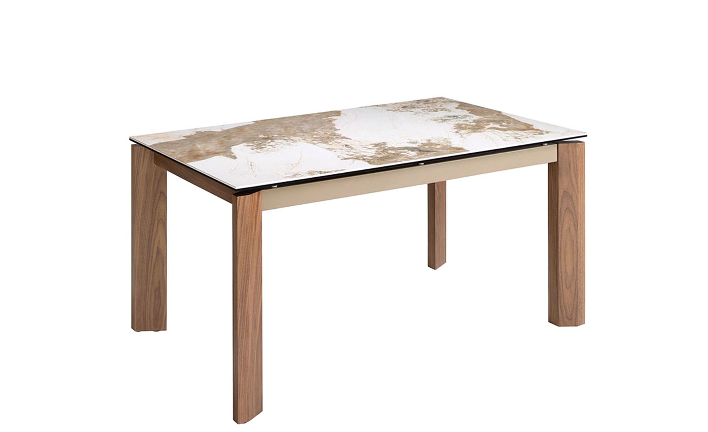 Mesa de jantar extensível 1118 com tampo em mármore porcelânico branco e pernas em madeira de nogueira | Moveistore