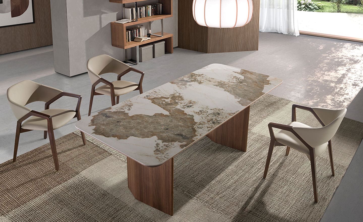 Mesa de jantar retangular 1129 com tampo em mármore porcelânico e pernas em madeira de nogueira | Moveistore