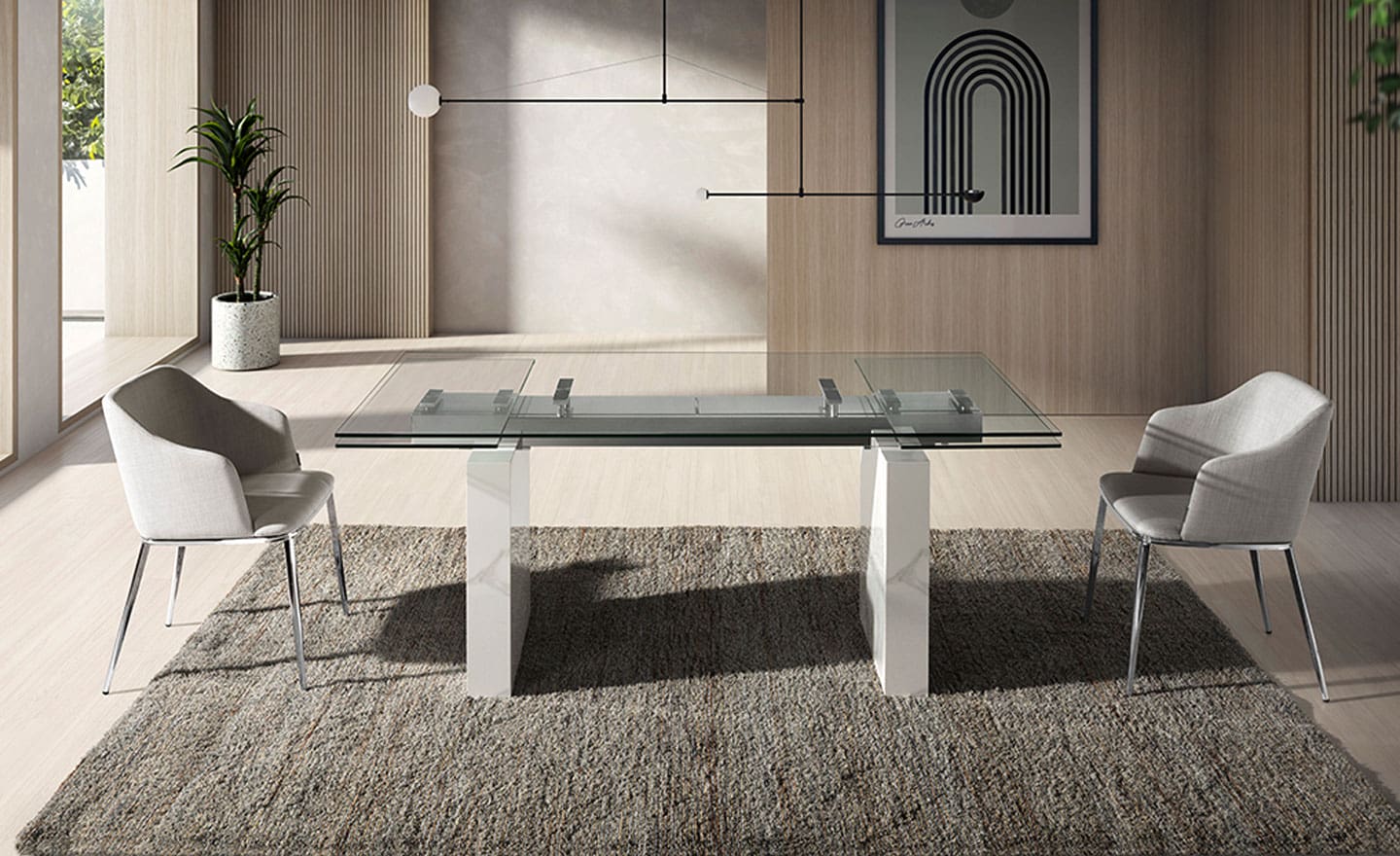 Mesa de jantar extensível 1112 com tampo de vidro e pernas em mármore branco | Moveistore