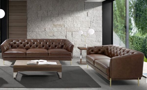 Sofá de 2 lugares em pele Michel 6139 com pés em aço inoxidável dourado e design moderno | Moveistore