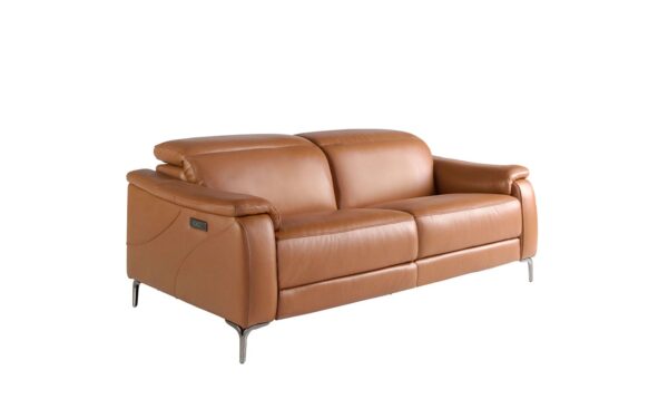 Sofá de 3 lugares em pele castanha relax Cousy 6181 com pés em aço inoxidável cromado escuro e design moderno | Moveistore