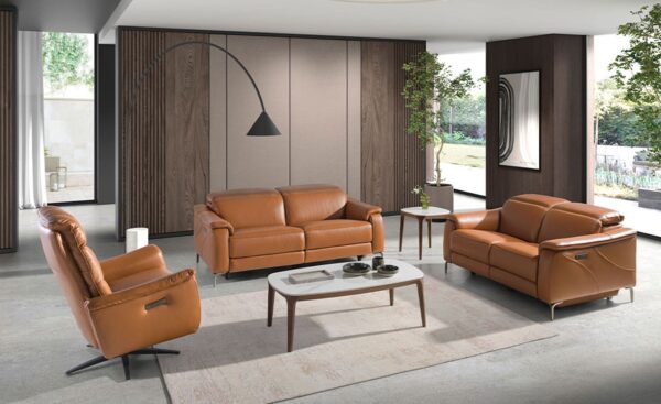 Sofá de 3 lugares em pele castanha relax Cousy 6181 com pés em aço inoxidável cromado escuro e design moderno | Moveistore