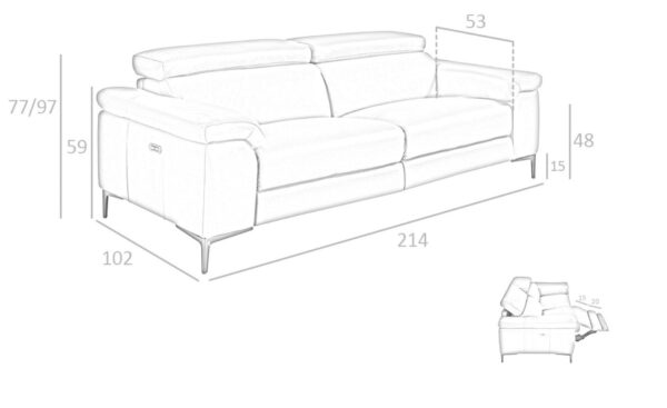 Sofá de 3 lugares em pele com relax Claudine 6122 com pés em aço inoxidável escurecido e design moderno | Moveistore