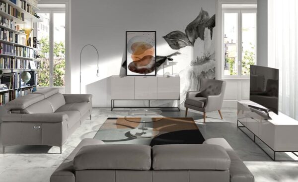 Sofá de 3 lugares em pele com relax Claudine 6122 com pés em aço inoxidável escurecido e design moderno | Moveistore