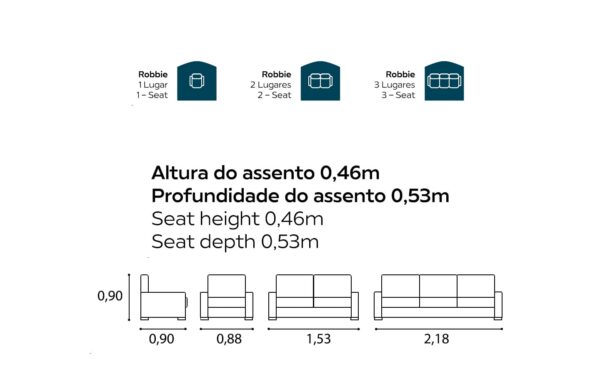 Conjunto de Sofás Robbie 3+2 Lugares em azul petróleo, com design moderno e compacto