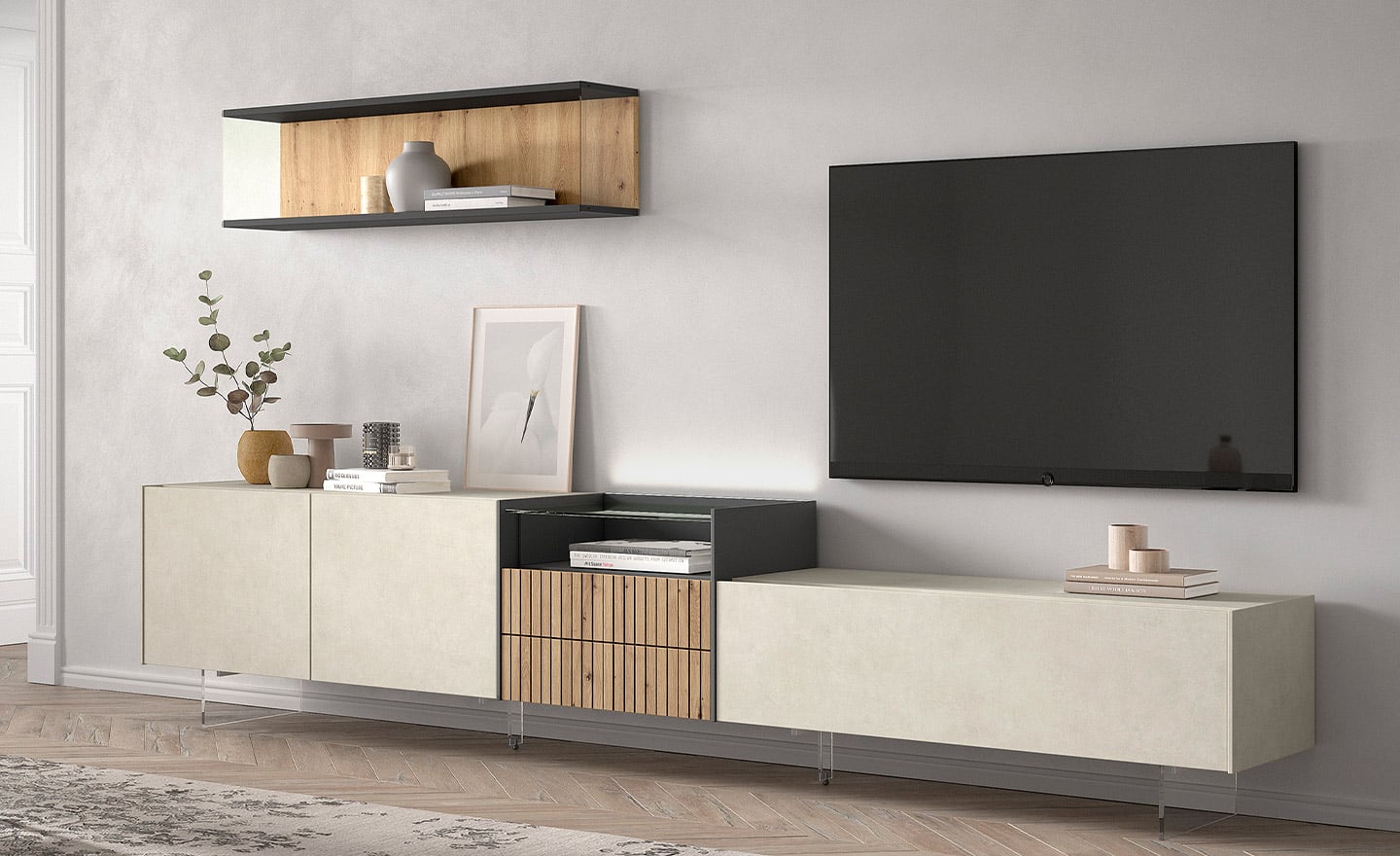 Móvel de TV New Royal 217 com acabamento em madeira, pés transparentes e design moderno e prático | Moveistore