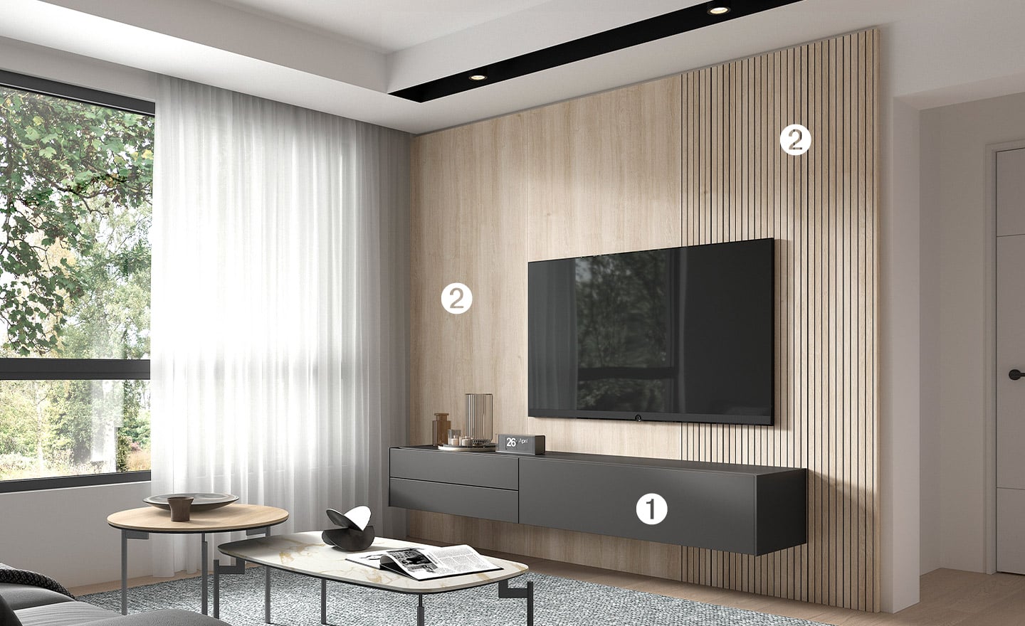 Móvel de TV Suspenso com Painel New Royal 219 com design minimalista, painel ripado e módulo suspenso | Moveistore