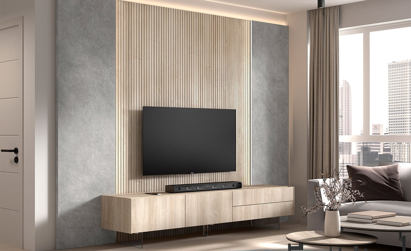 Móvel de TV New Royal 203 com painel ripado, gavetas amplas e iluminação embutida | Moveistore