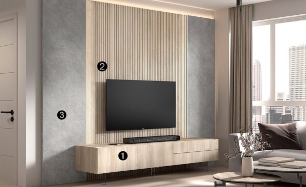 Móvel de TV New Royal 203 com painel ripado, gavetas amplas e iluminação embutida | Moveistore
