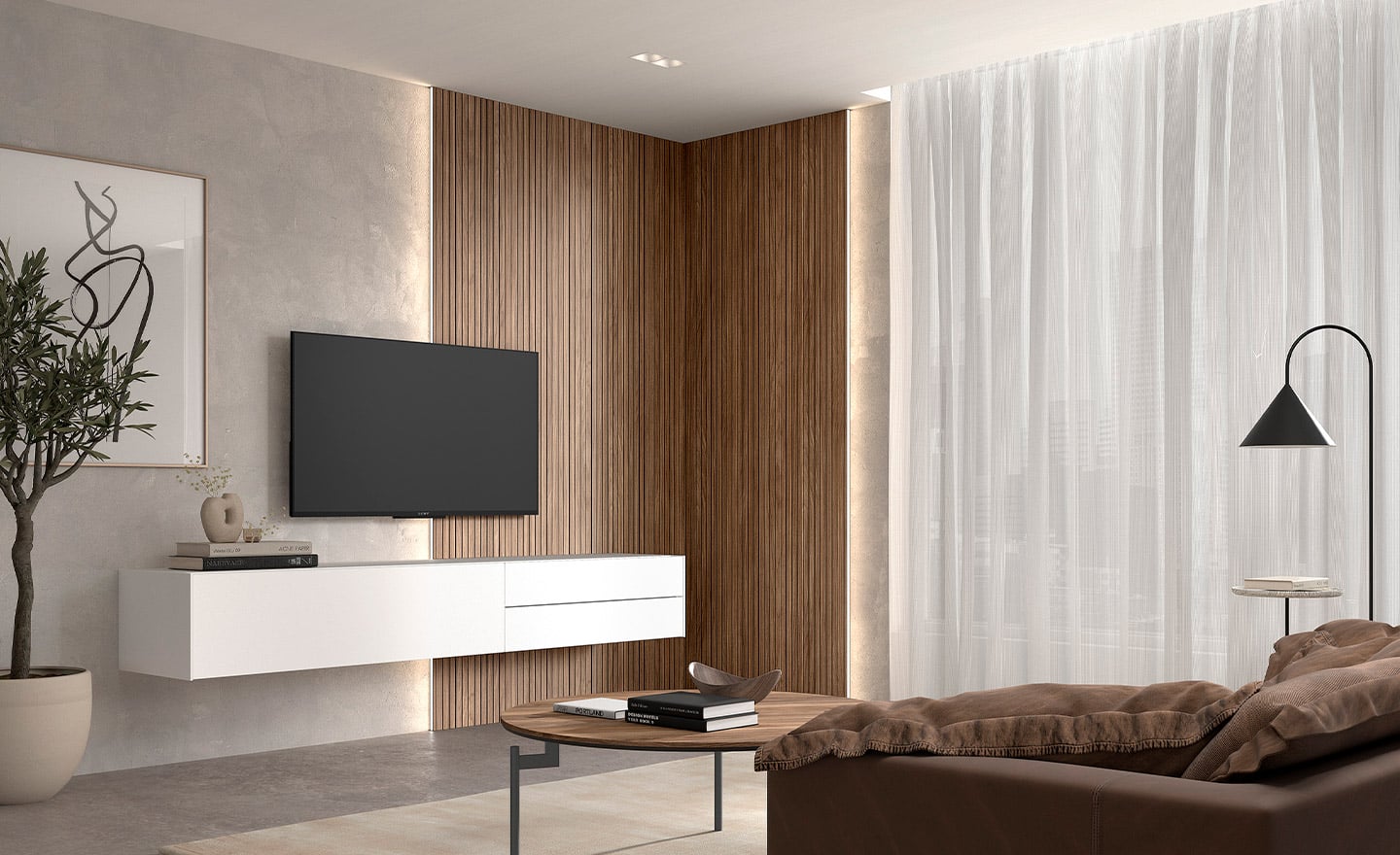 Móvel de TV com Painel New Royal 207 com acabamento ripado, estrutura suspensa e design contemporâneo | Moveistore