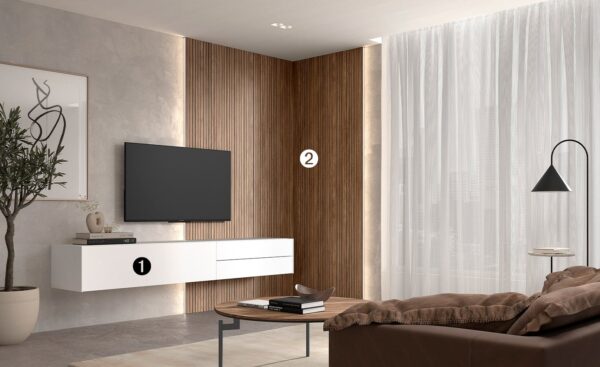 Móvel de TV com Painel New Royal 207 com acabamento ripado, estrutura suspensa e design contemporâneo | Moveistore