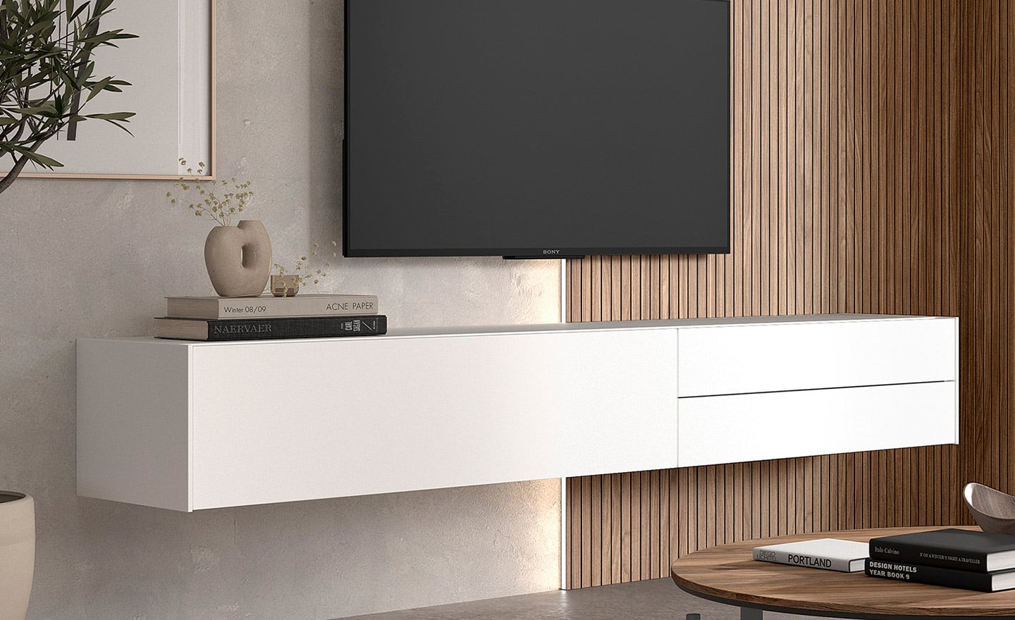 Móvel de TV com Painel New Royal 207 com acabamento ripado, estrutura suspensa e design contemporâneo | Moveistore