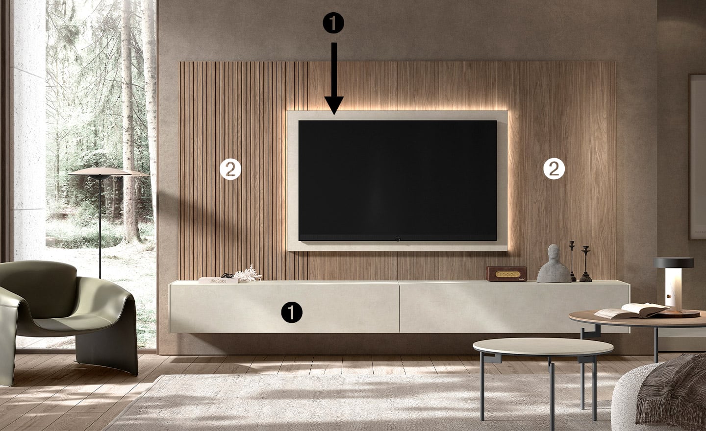 Móvel de TV New Royal 213 com painel ripado, iluminação LED e design moderno e prático | Moveistore