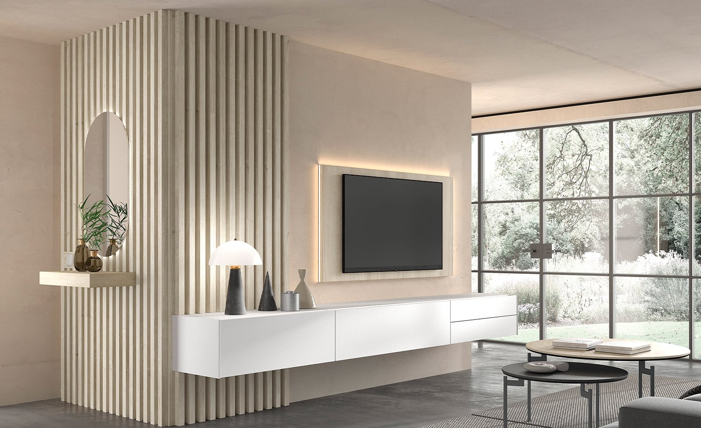 Móvel de TV New Royal 212 com painel ripado, iluminação LED e design funcional e elegante | Moveistore