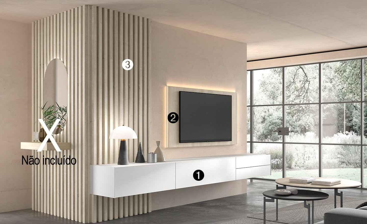 Móvel de TV New Royal 212 com painel ripado, iluminação LED e design funcional e elegante | Moveistore