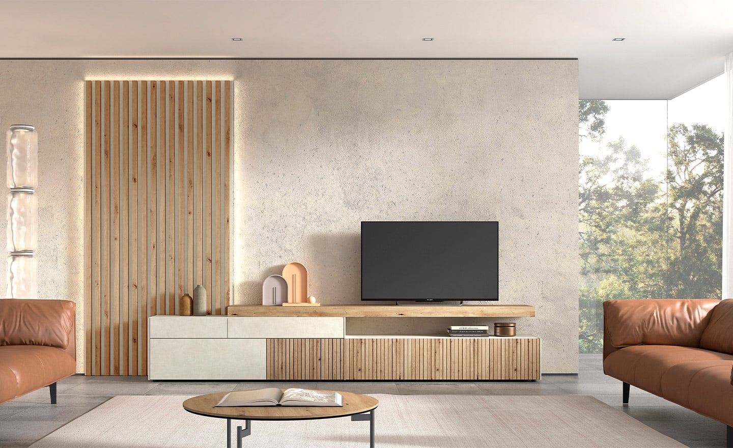 Móvel de TV New Royal 218 com painel ripado, iluminação embutida e design moderno e versátil | Moveistore