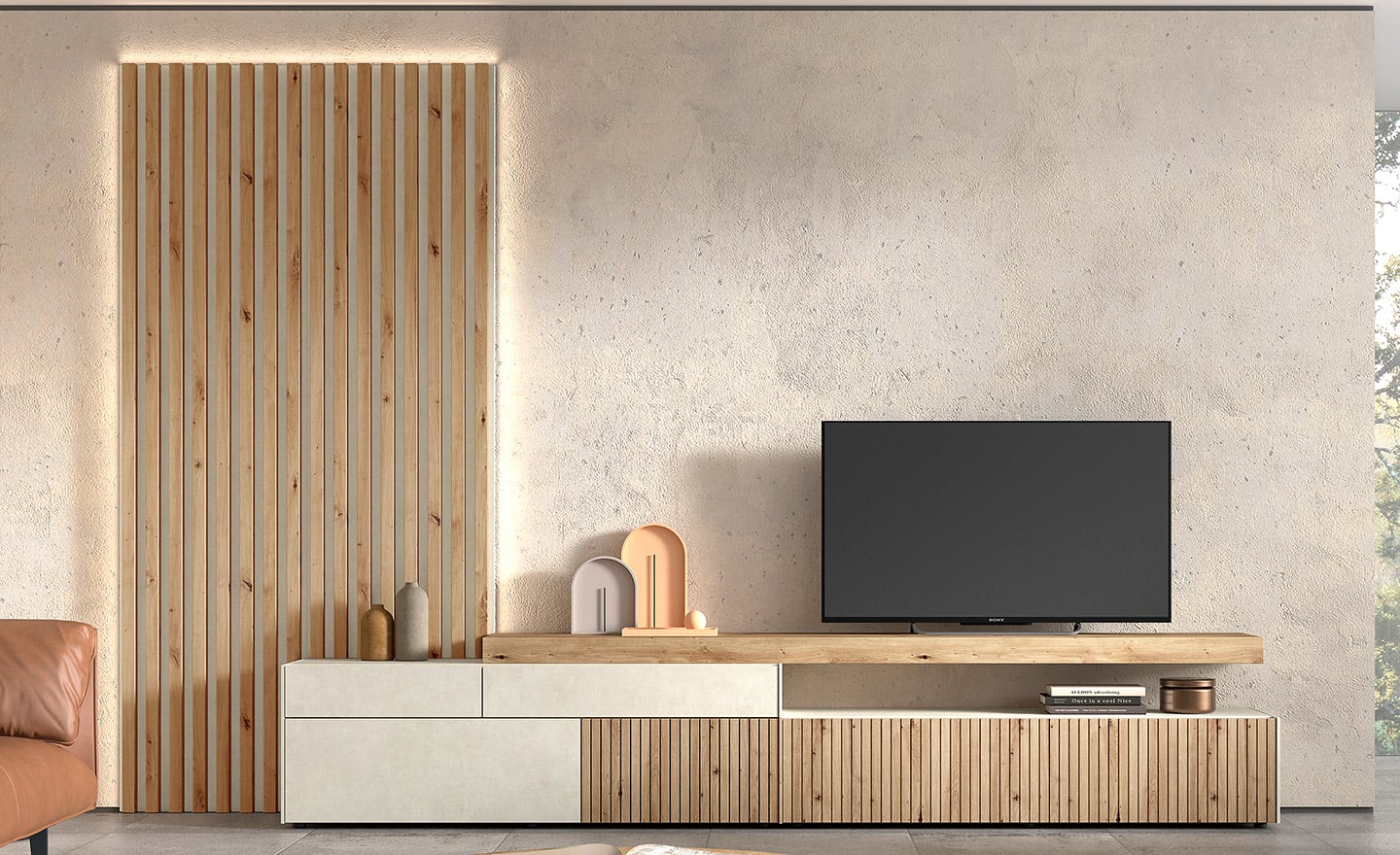 Móvel de TV New Royal 218 com painel ripado, iluminação embutida e design moderno e versátil | Moveistore