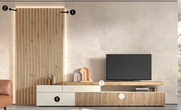 Móvel de TV New Royal 218 com painel ripado, iluminação embutida e design moderno e versátil | Moveistore