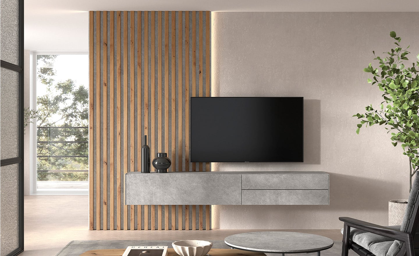 Móvel de TV New Royal 202 com painel ripado, estrutura suspensa e design moderno em madeira e metal | Moveistore