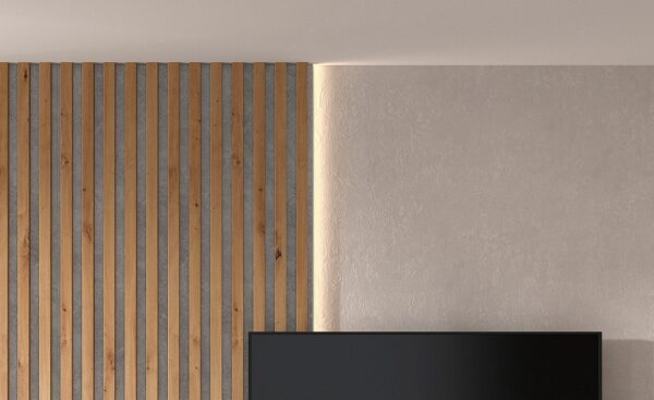 Móvel de TV New Royal 202 com painel ripado, estrutura suspensa e design moderno em madeira e metal | Moveistore