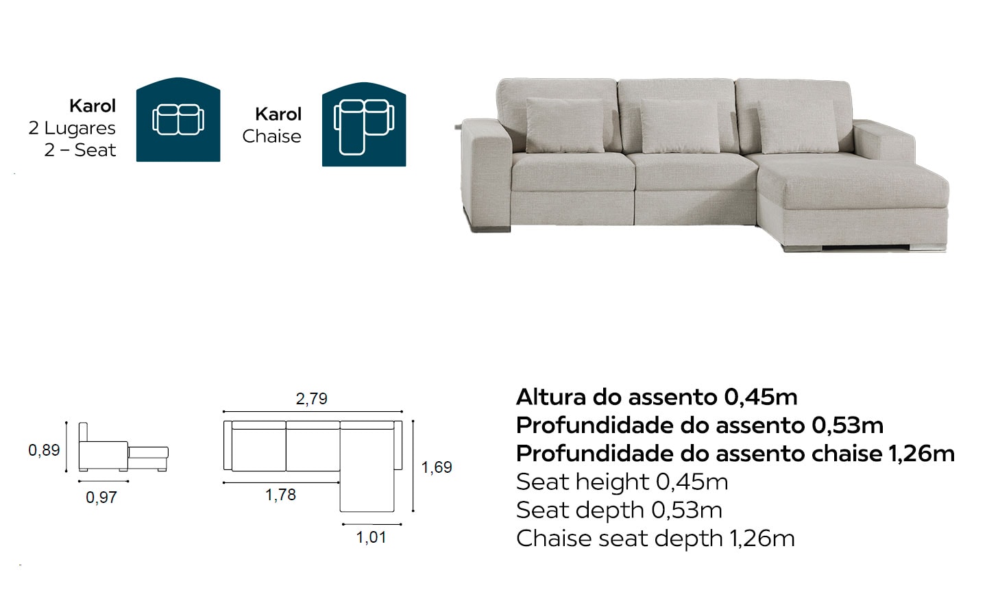 Sofá Chaise Longue Karol em Sala Moderna