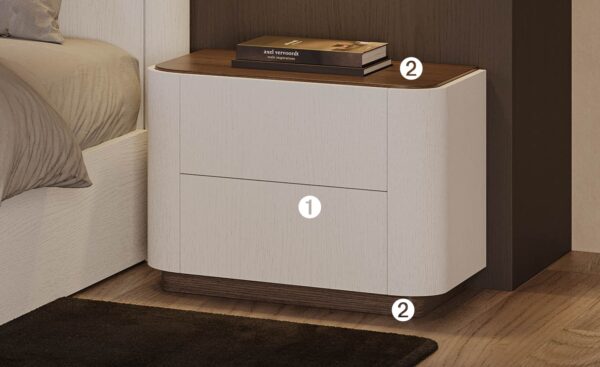 Mesa de Cabeceira Pietra 14 com cantos arredondados, gavetas amplas e rodapé em contraste | Moveistore