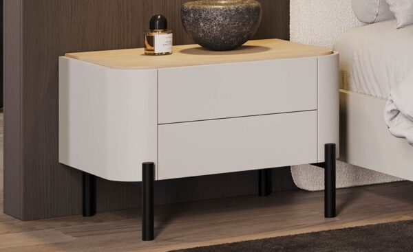 Mesa de Cabeceira Pietra 13 com pés metálicos, dois gavetões e design arredondado | Moveistore