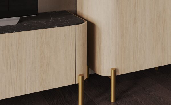 Móvel de TV Pietra 03 com compartimentos abertos e portas, tampo escuro e pés metálicos | Moveistore