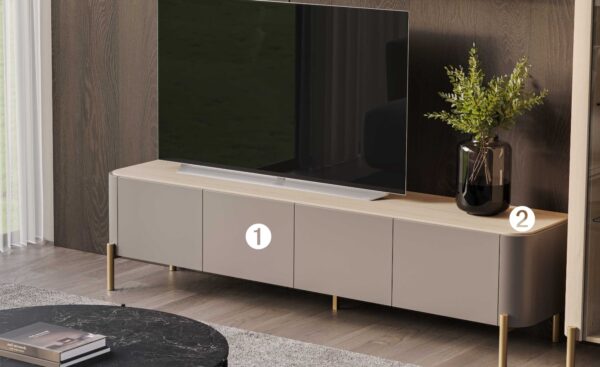 Móvel de TV Pietra 06 com tampo espaçoso, pés dourados e acabamento contemporâneo | Moveistore