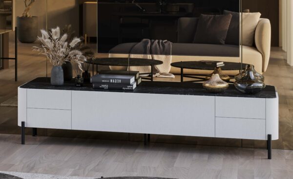 Móvel de TV Pietra 10 com pés metálicos, gavetas e portas em design minimalista | Moveistore