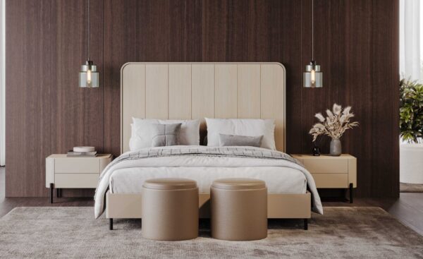 Quarto de Casal Pietra 16 com cama de frisos verticais, mesas arredondadas e pés metálicos dourados | Moveistore