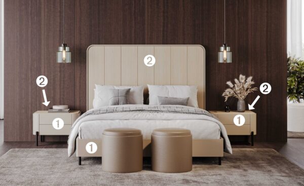 Quarto de Casal Pietra 16 com cama de frisos verticais, mesas arredondadas e pés metálicos dourados | Moveistore