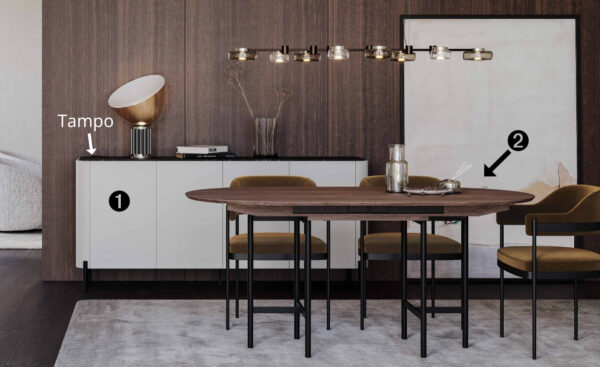 Sala de Jantar Pietra 02 com mesa ovalizada e aparador com acabamento personalizado | Moveistore