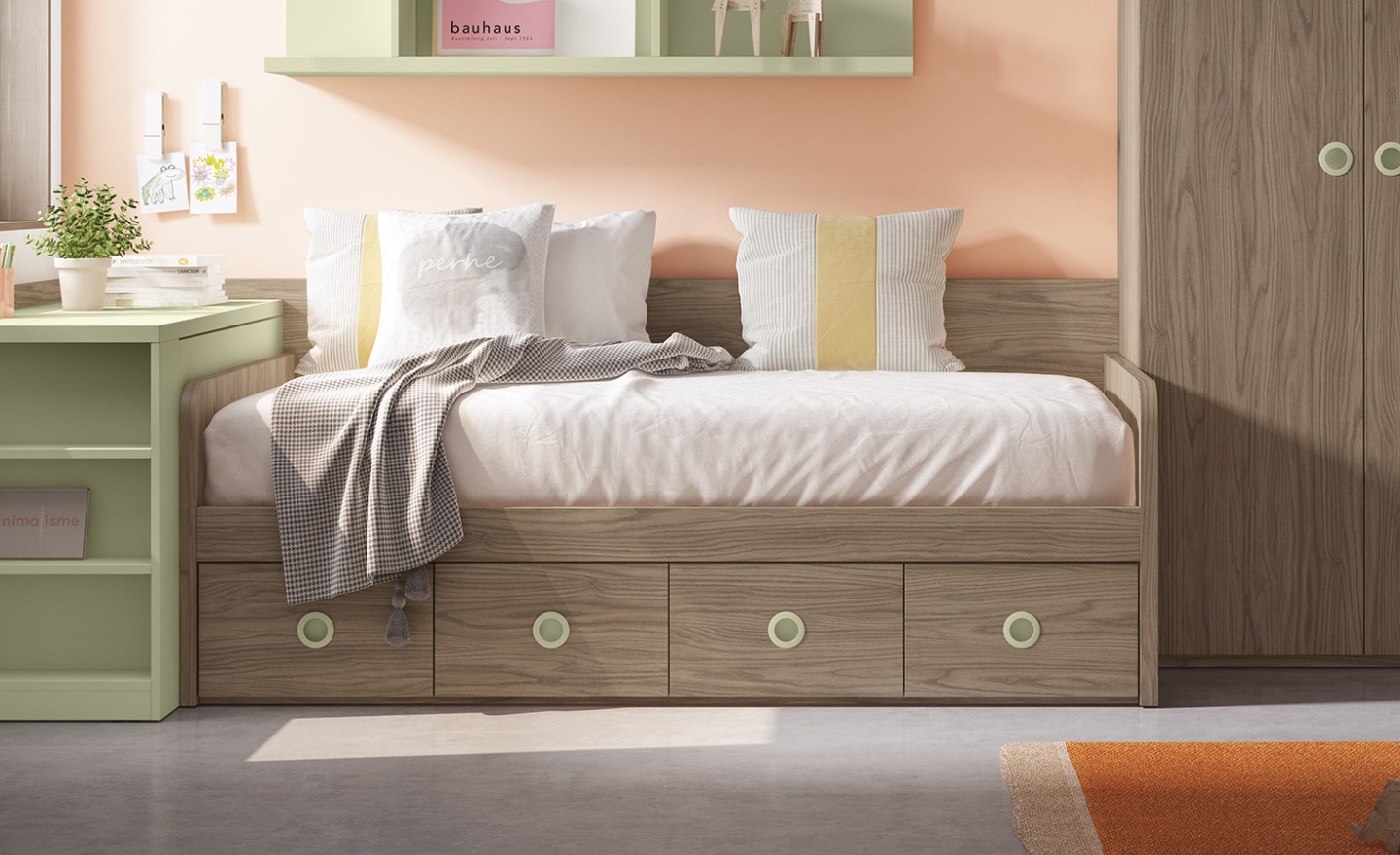Cama Nido 4 Gavetas Sonrie 5 com estrutura elevada e gavetas inferiores com puxadores circulares | Moveistore