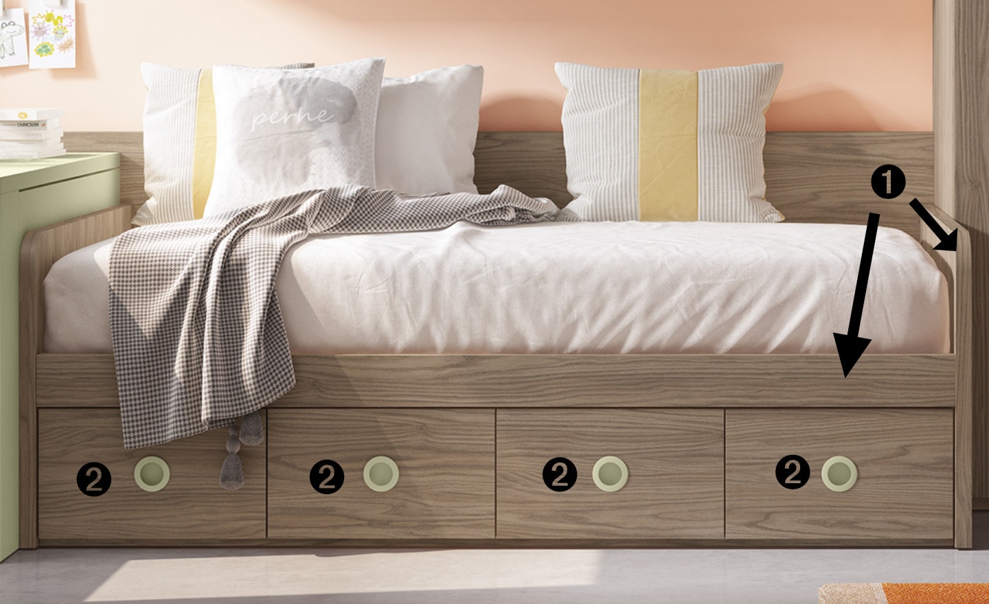 Cama Nido 4 Gavetas Sonrie 5 com estrutura elevada e gavetas inferiores com puxadores circulares | Moveistore