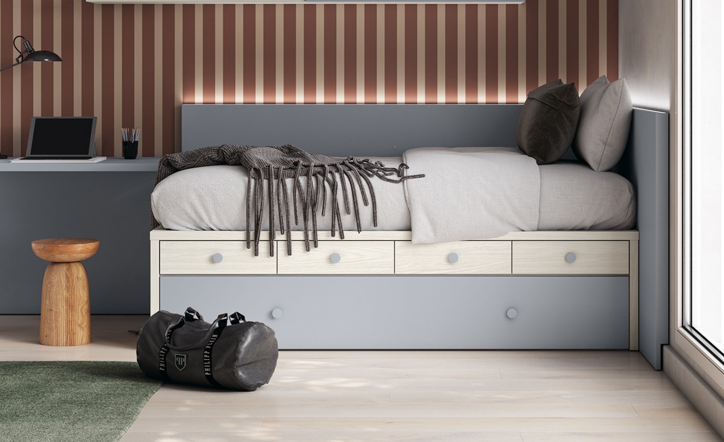 Compacto 45 Base 35 Sonrie 30 com cama de arrasto, gavetas e iluminação LED | Moveistor