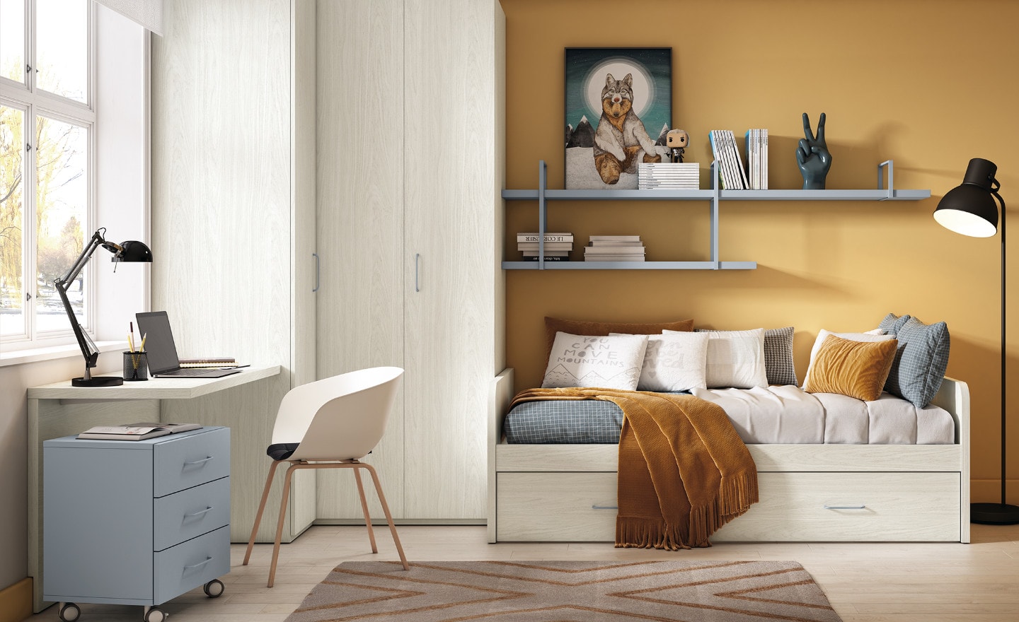 Quarto Juvenil Sonrie 6 com cama de arrasto, roupeiro de canto e secretária com arrumação integrada | Moveistore