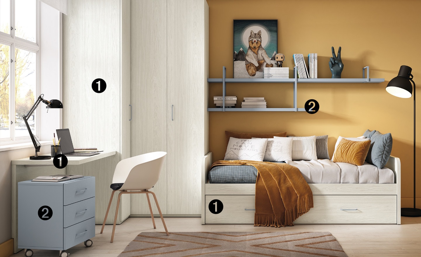 Quarto Juvenil Sonrie 6 com cama de arrasto, roupeiro de canto e secretária com arrumação integrada | Moveistore