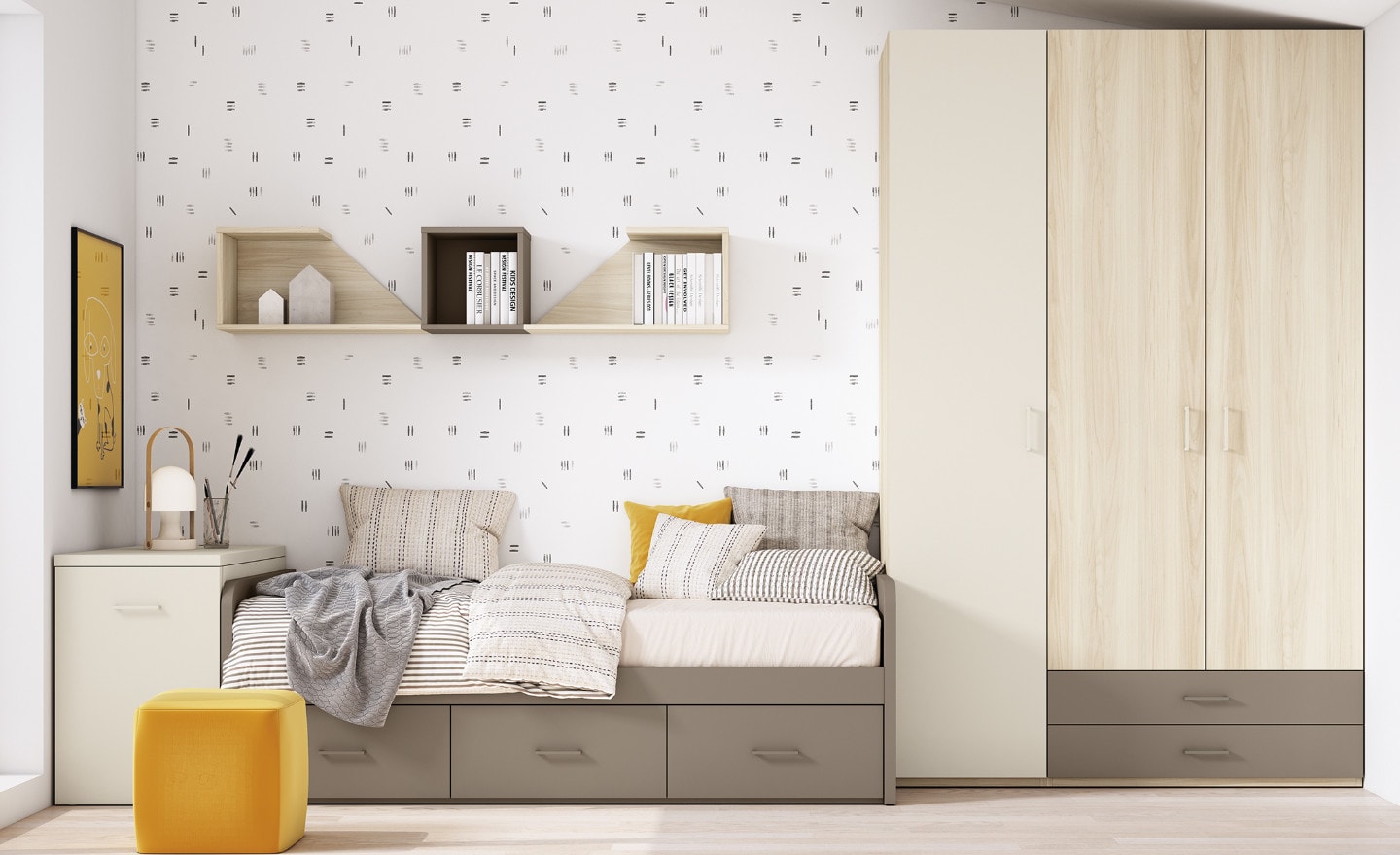 Quarto Juvenil Sonrie 7 com cama nido, secretária articulada e estante decorativa | Moveistore