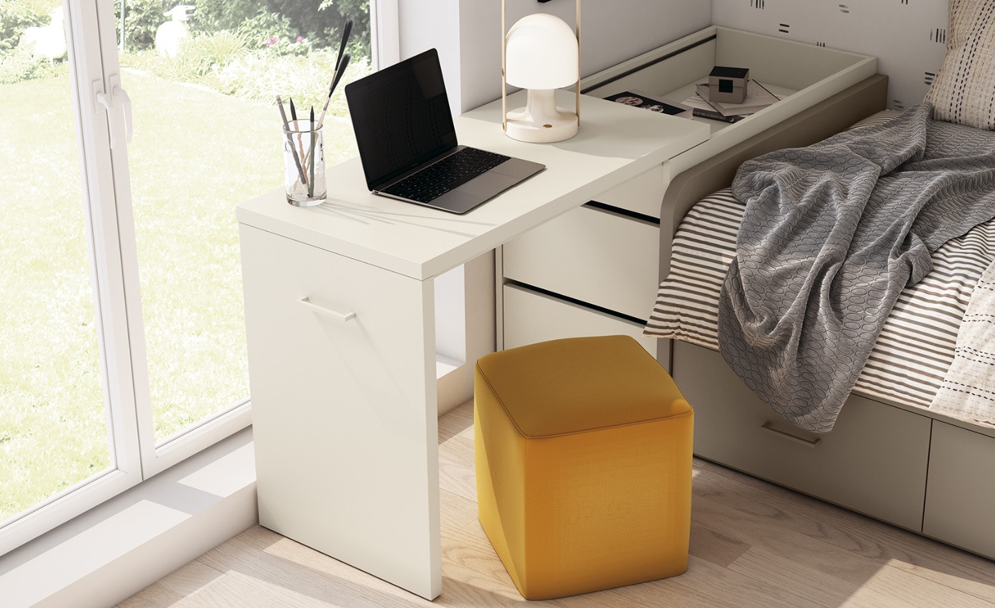 Quarto Juvenil Sonrie 7 com cama nido, secretária articulada e estante decorativa | Moveistore
