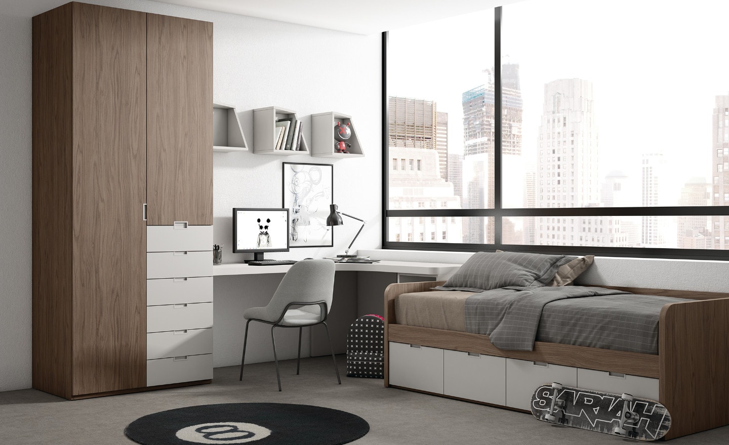 Quarto Juvenil Sonrie 12 com cama com gavetas, secretária ampla em L e roupeiro com gavetas exteriores | Moveistore