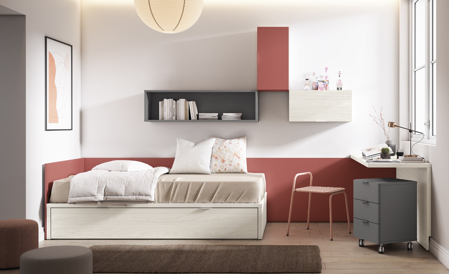 Quarto Juvenil Sonrie 13 com cama nido, secretária com gavetas e módulos de parede | Moveistore